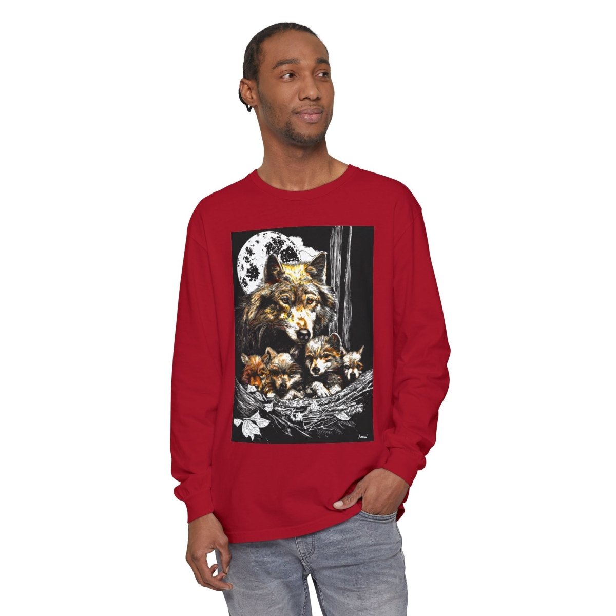 Moonlit Wolf Family Long Sleeve Tee - Unisex Garment - Dyed T-Shirt - Curran Artworks