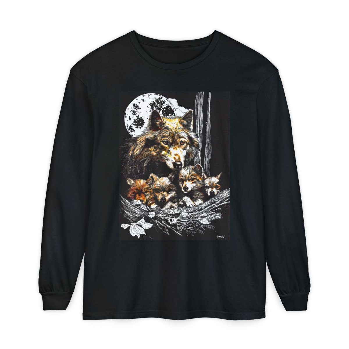 Moonlit Wolf Family Long Sleeve Tee - Unisex Garment - Dyed T-Shirt - Curran Artworks