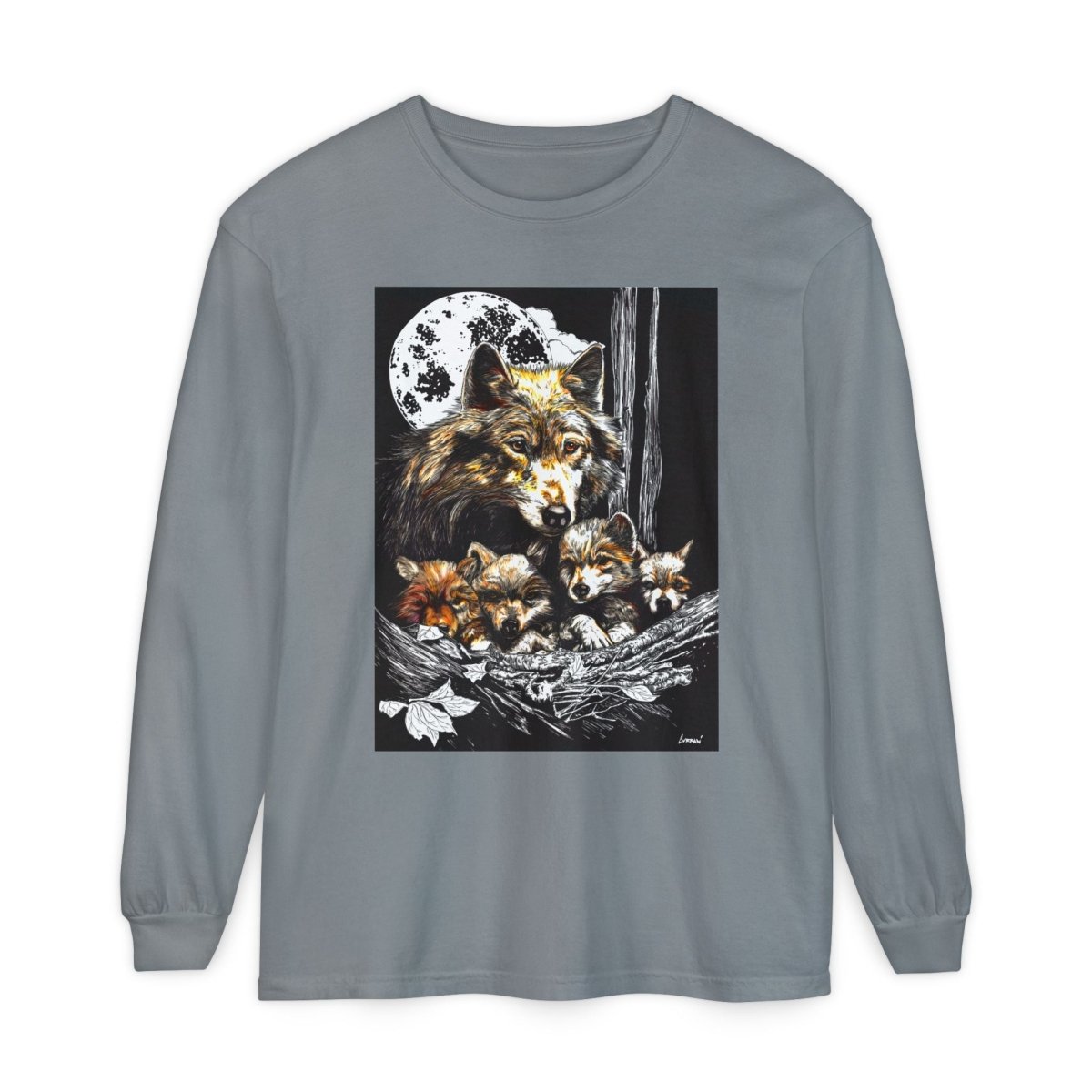 Moonlit Wolf Family Long Sleeve Tee - Unisex Garment - Dyed T-Shirt - Curran Artworks