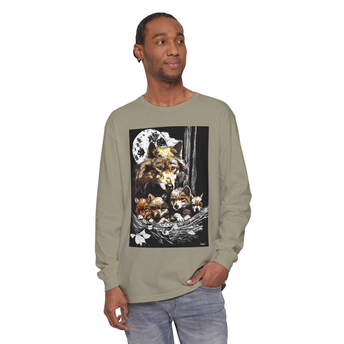 Moonlit Wolf Family Long Sleeve Tee - Unisex Garment - Dyed T-Shirt - Curran Artworks