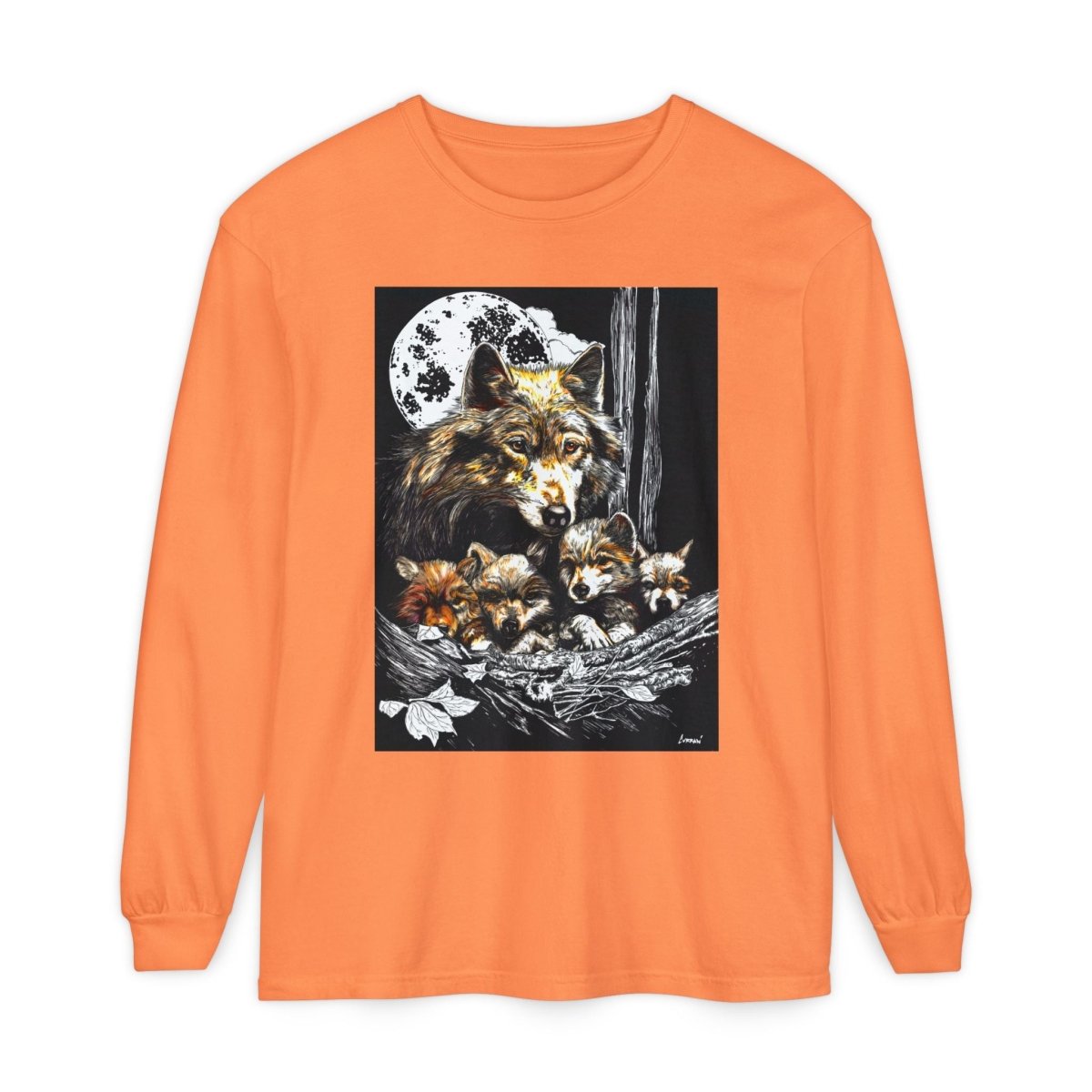 Moonlit Wolf Family Long Sleeve Tee - Unisex Garment - Dyed T-Shirt - Curran Artworks