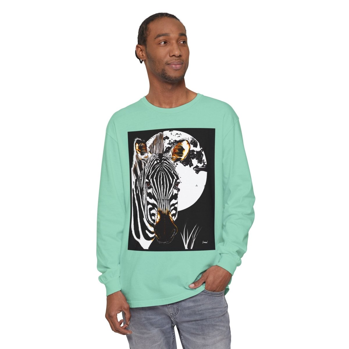 Moonlit Zebra Long Sleeve T-Shirt | Unisex Graphic Tee - Curran Artworks