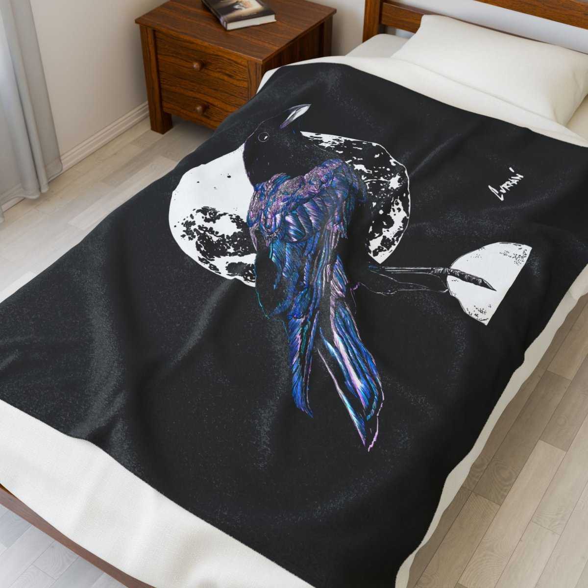 Mystical Crow Velveteen Plush Blanket - Cozy Decor for Dark Academia Lovers - Curran Artworks