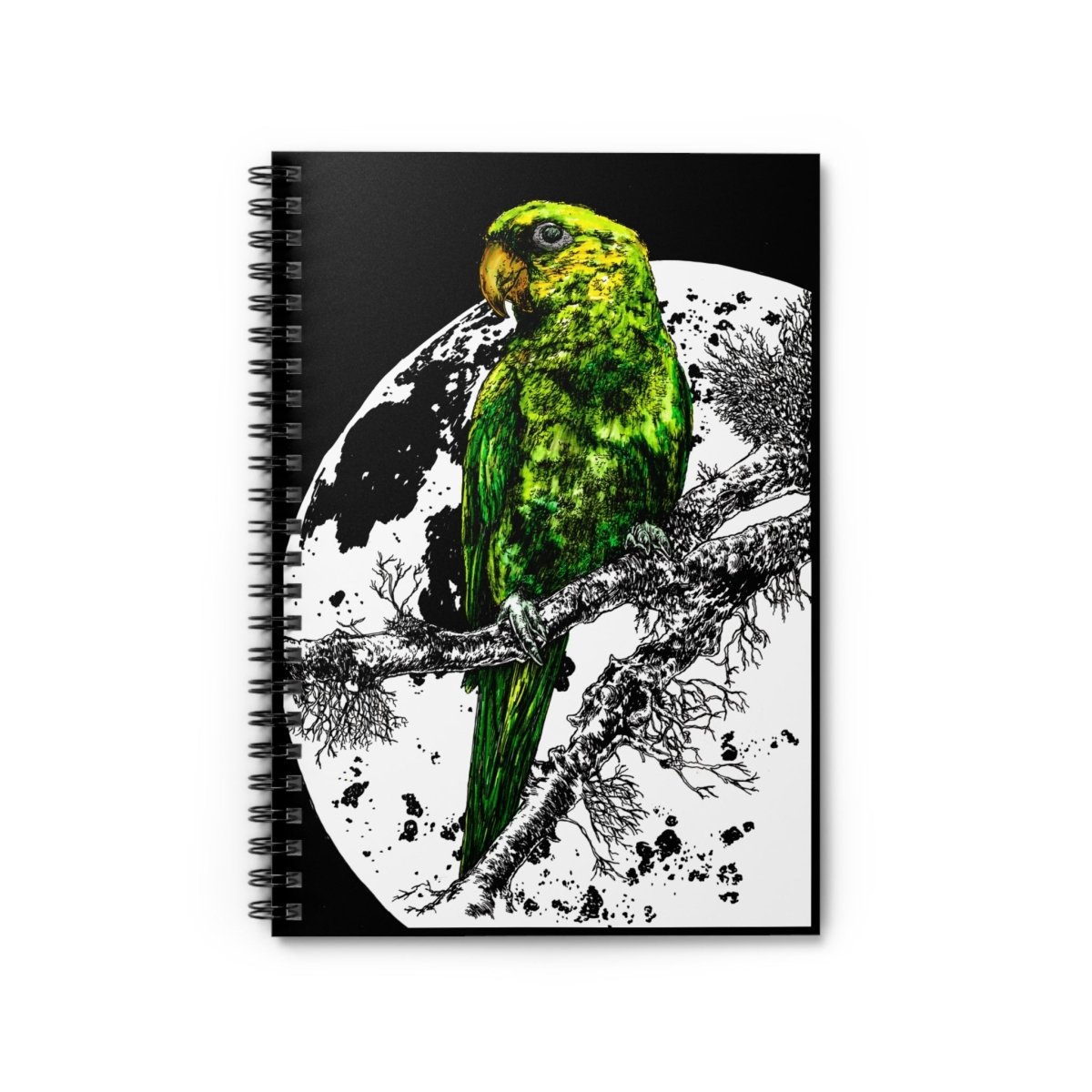 Parrot in the Moonlight Spiral Notebook – Ruled Line, Original Hand - Drawn Art - Curran Artworks