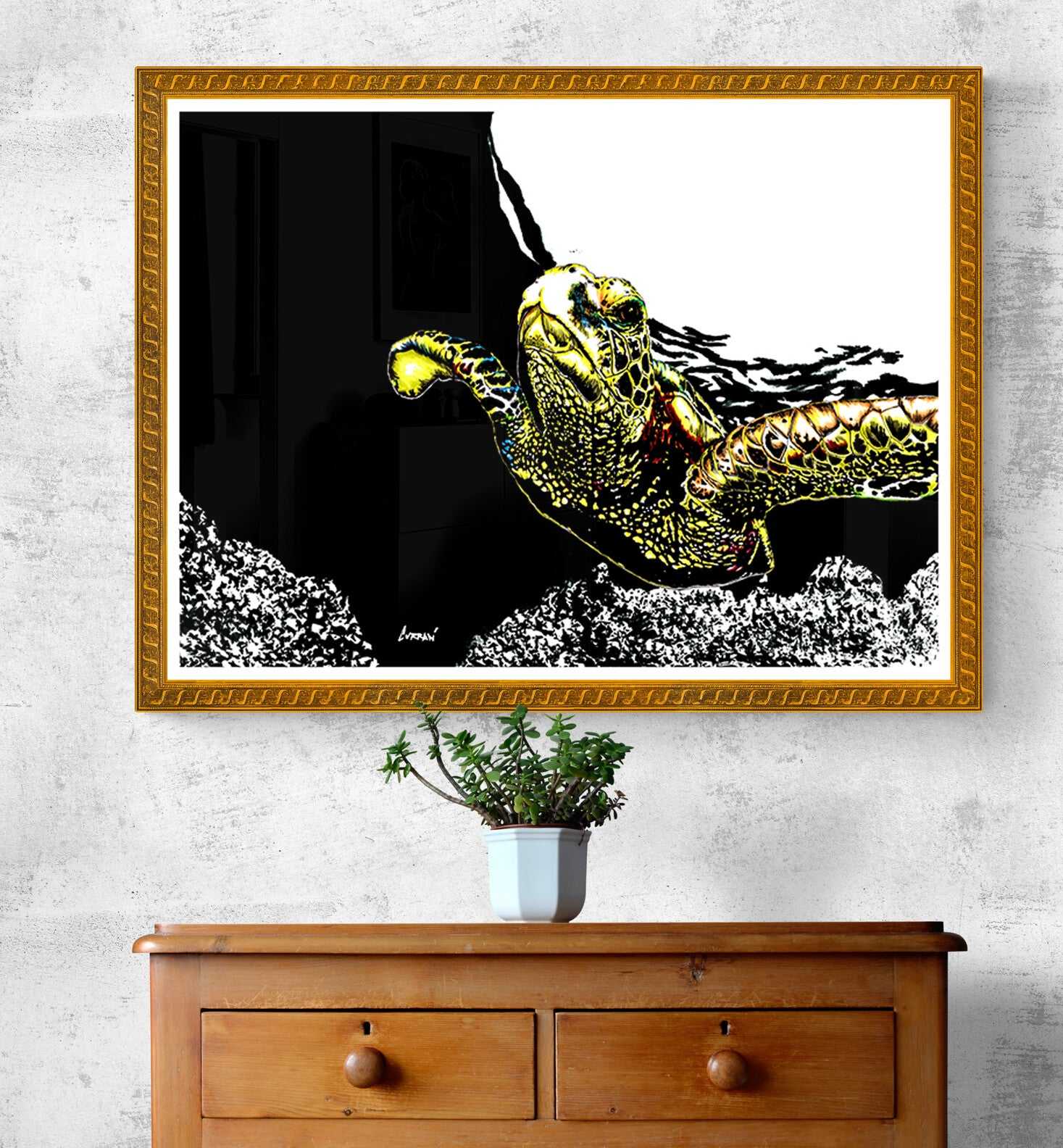 Sea Turtle Wall Art Poster. Shop Beautiful Coastal Decor featuring the Hand Drawn, Original Animal Wall Art Poster created over many hours by artist Kris Curran