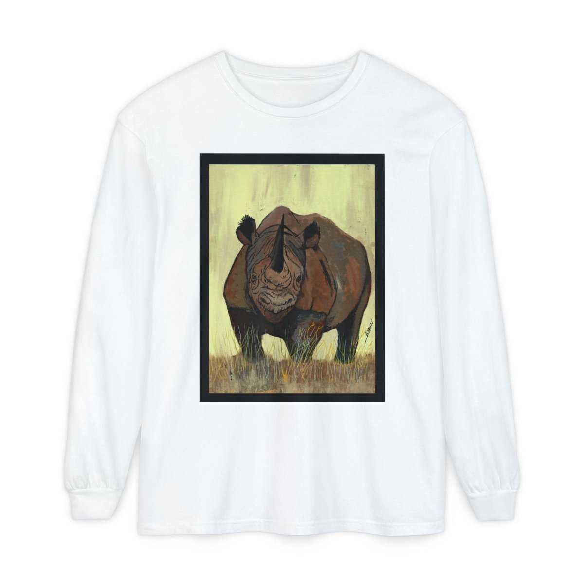 Rhino Art Long Sleeve T-Shirt - Unisex Garment - Dyed Tee for Nature Lovers - Curran Artworks