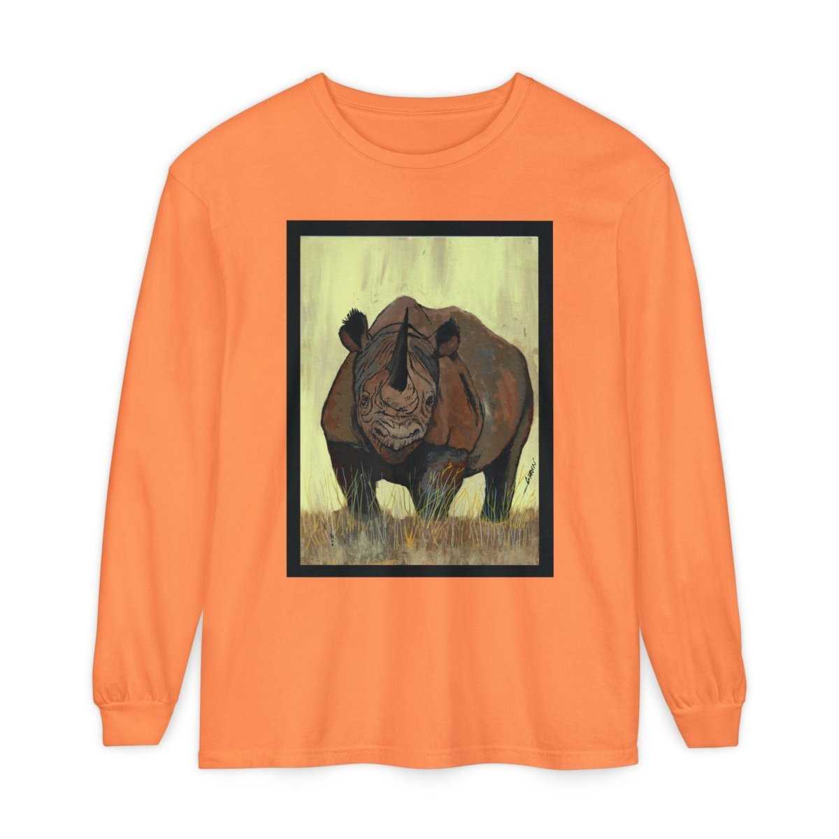 Rhino Art Long Sleeve T-Shirt - Unisex Garment - Dyed Tee for Nature Lovers - Curran Artworks