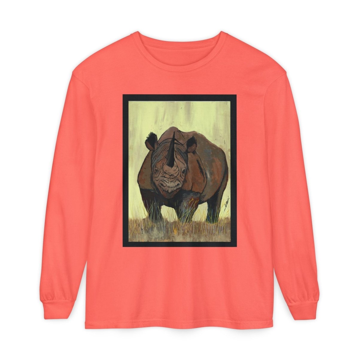 Rhino Art Long Sleeve T-Shirt - Unisex Garment - Dyed Tee for Nature Lovers - Curran Artworks