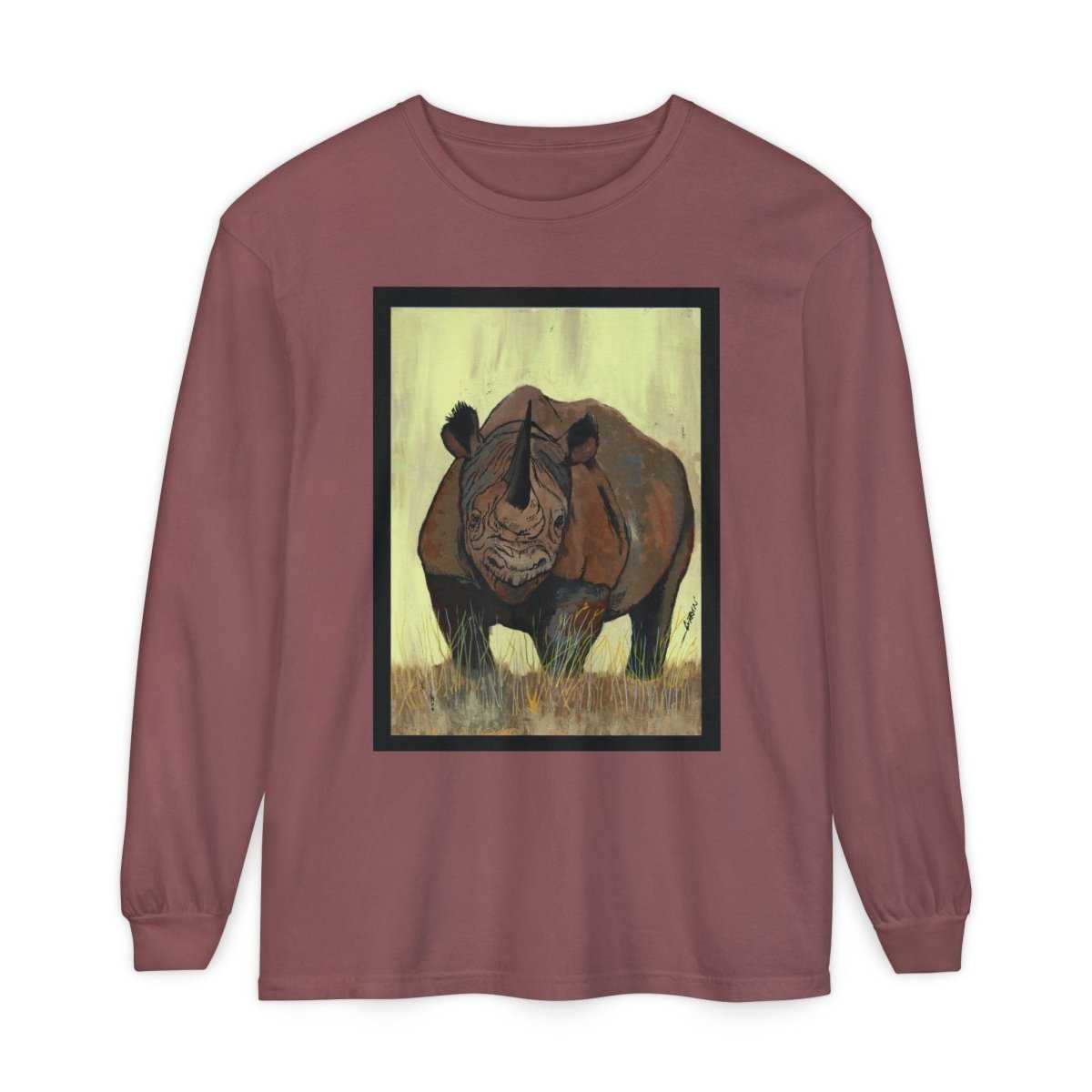 Rhino Art Long Sleeve T-Shirt - Unisex Garment - Dyed Tee for Nature Lovers - Curran Artworks