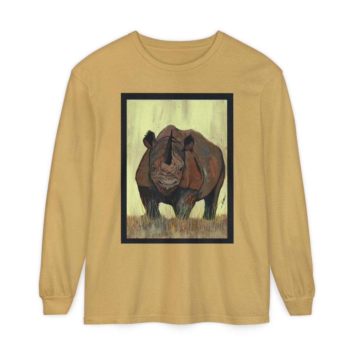 Rhino Art Long Sleeve T-Shirt - Unisex Garment - Dyed Tee for Nature Lovers - Curran Artworks