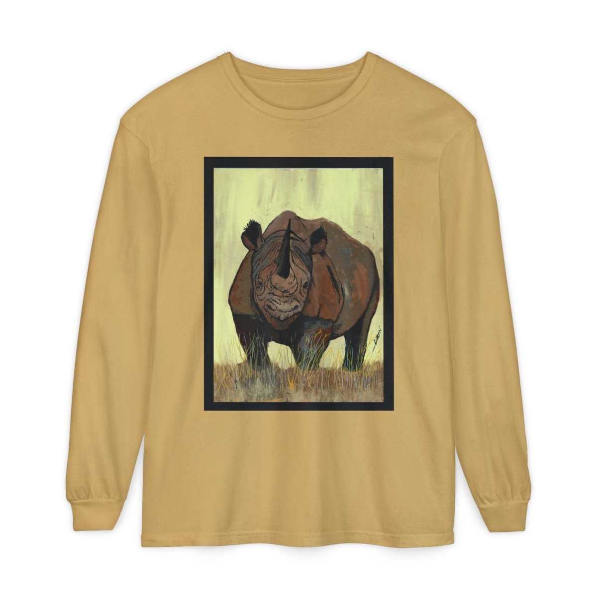 Rhino Art Long Sleeve T-Shirt - Unisex Garment - Dyed Tee for Nature Lovers - Curran Artworks