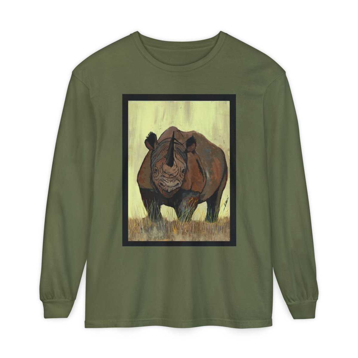 Rhino Art Long Sleeve T-Shirt - Unisex Garment - Dyed Tee for Nature Lovers - Curran Artworks