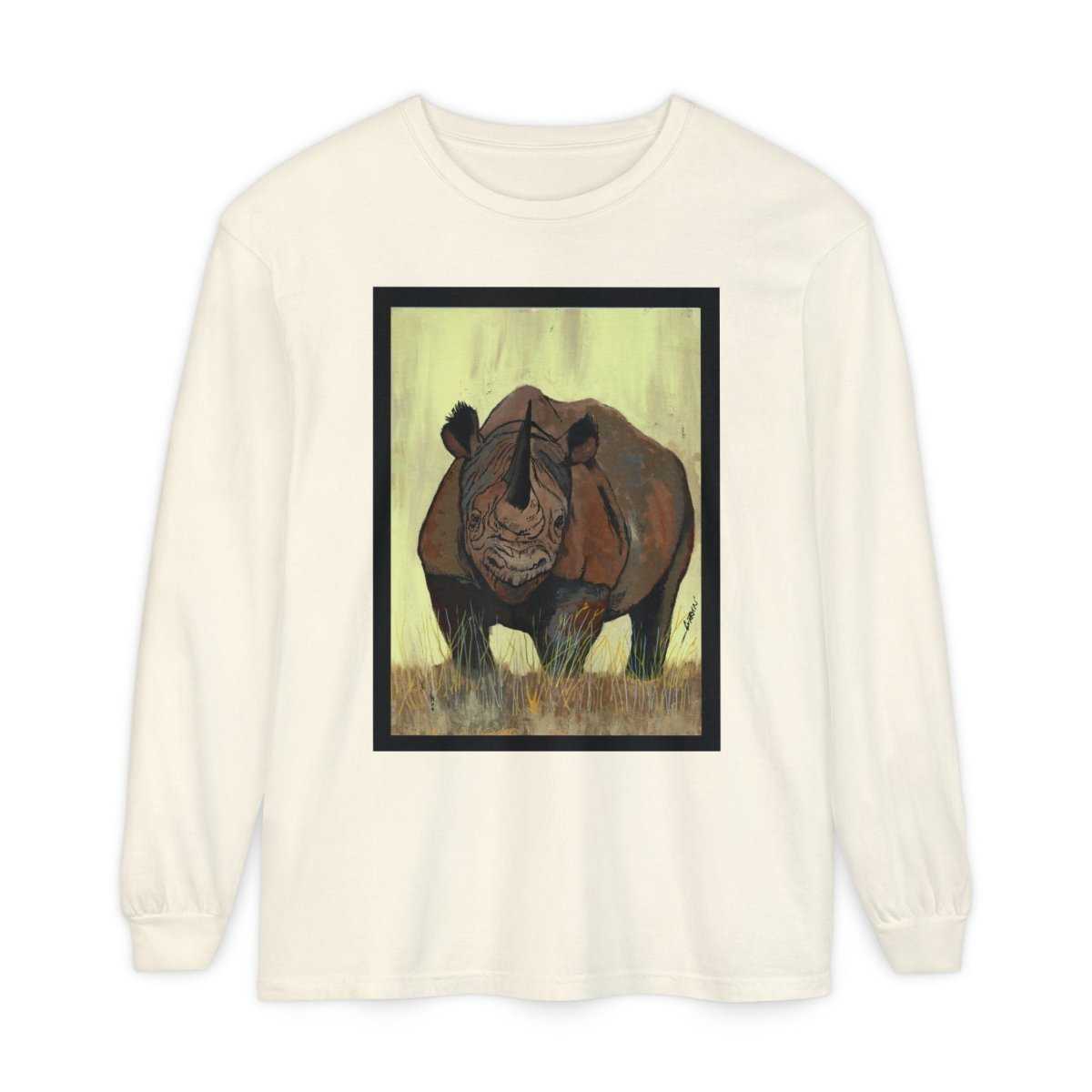 Rhino Art Long Sleeve T-Shirt - Unisex Garment - Dyed Tee for Nature Lovers - Curran Artworks