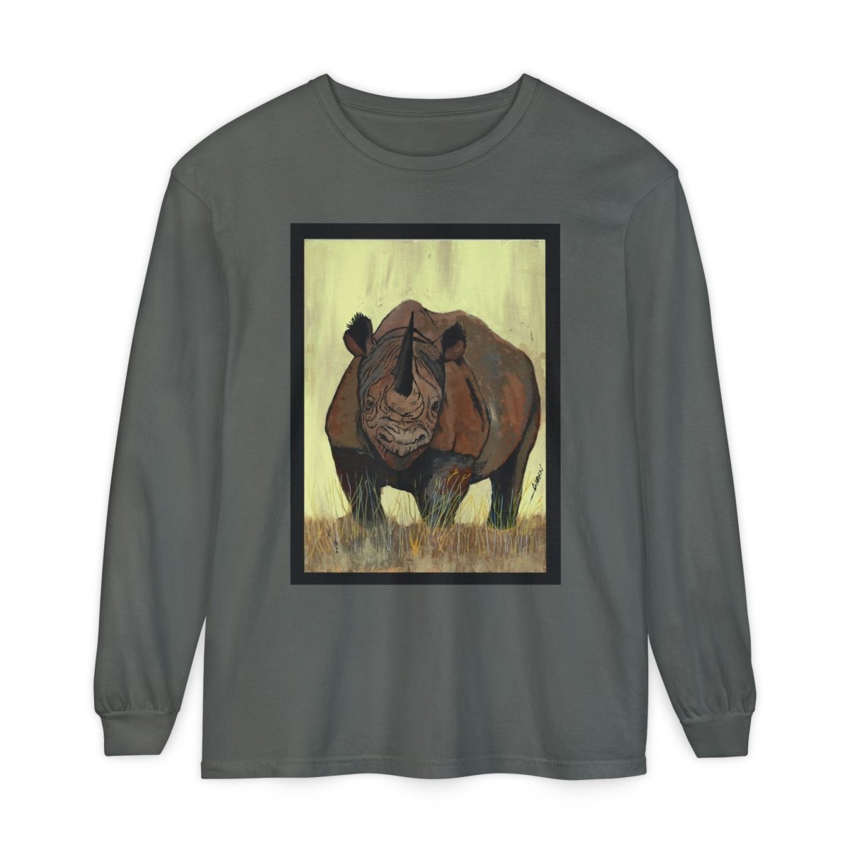 Rhino Art Long Sleeve T-Shirt - Unisex Garment - Dyed Tee for Nature Lovers - Curran Artworks