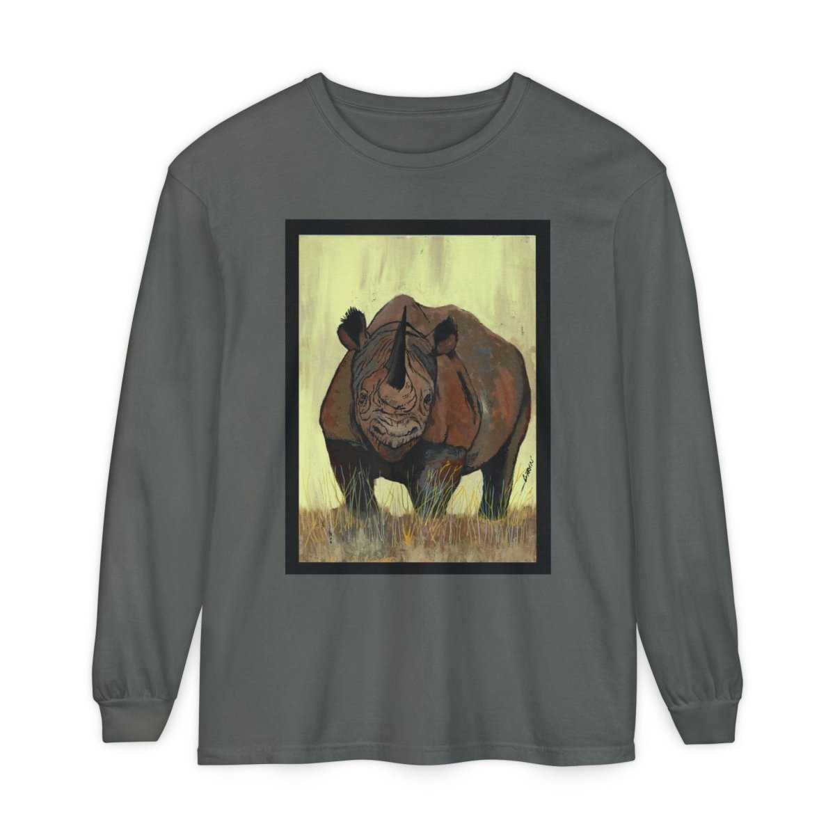 Rhino Art Long Sleeve T-Shirt - Unisex Garment - Dyed Tee for Nature Lovers - Curran Artworks