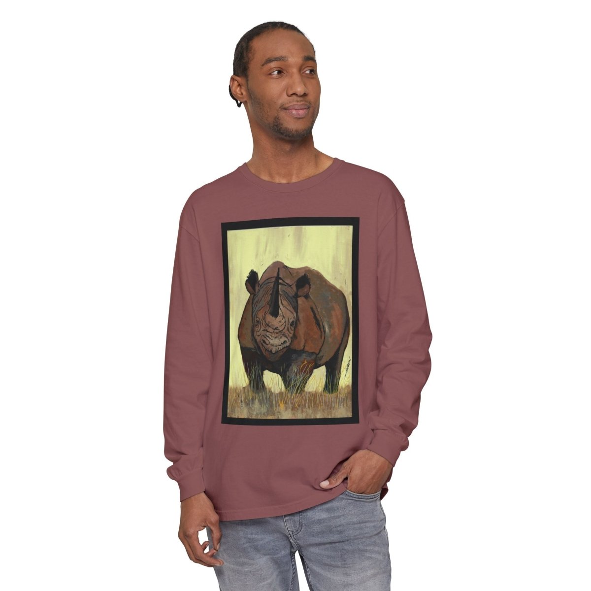 Rhino Art Long Sleeve T-Shirt - Unisex Garment - Dyed Tee for Nature Lovers - Curran Artworks