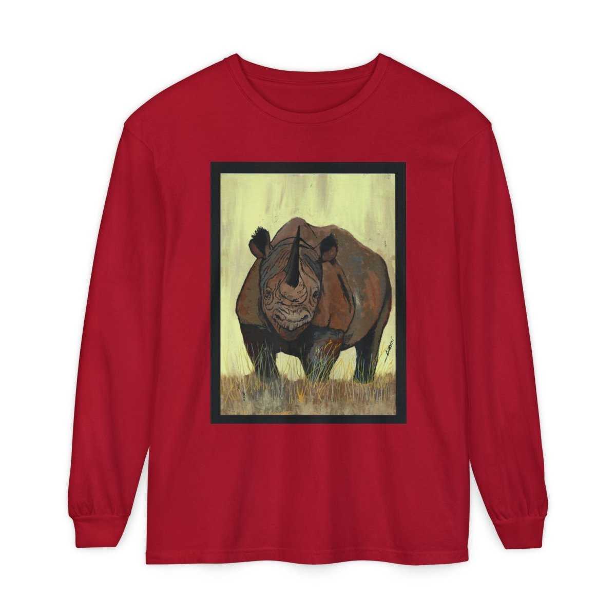 Rhino Art Long Sleeve T-Shirt - Unisex Garment - Dyed Tee for Nature Lovers - Curran Artworks