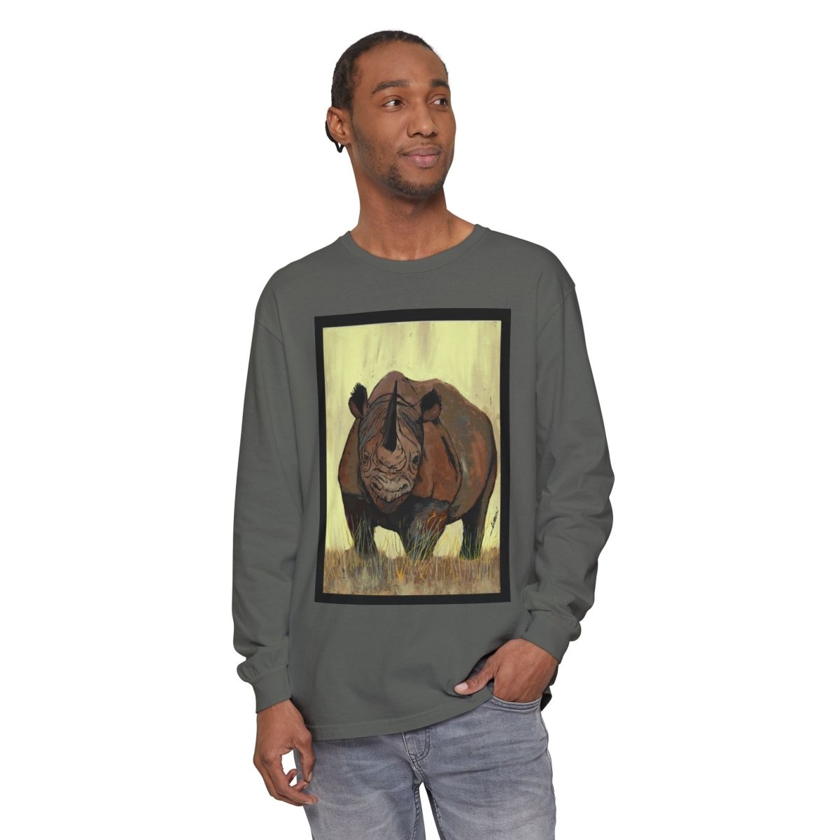 Rhino Art Long Sleeve T-Shirt - Unisex Garment - Dyed Tee for Nature Lovers - Curran Artworks