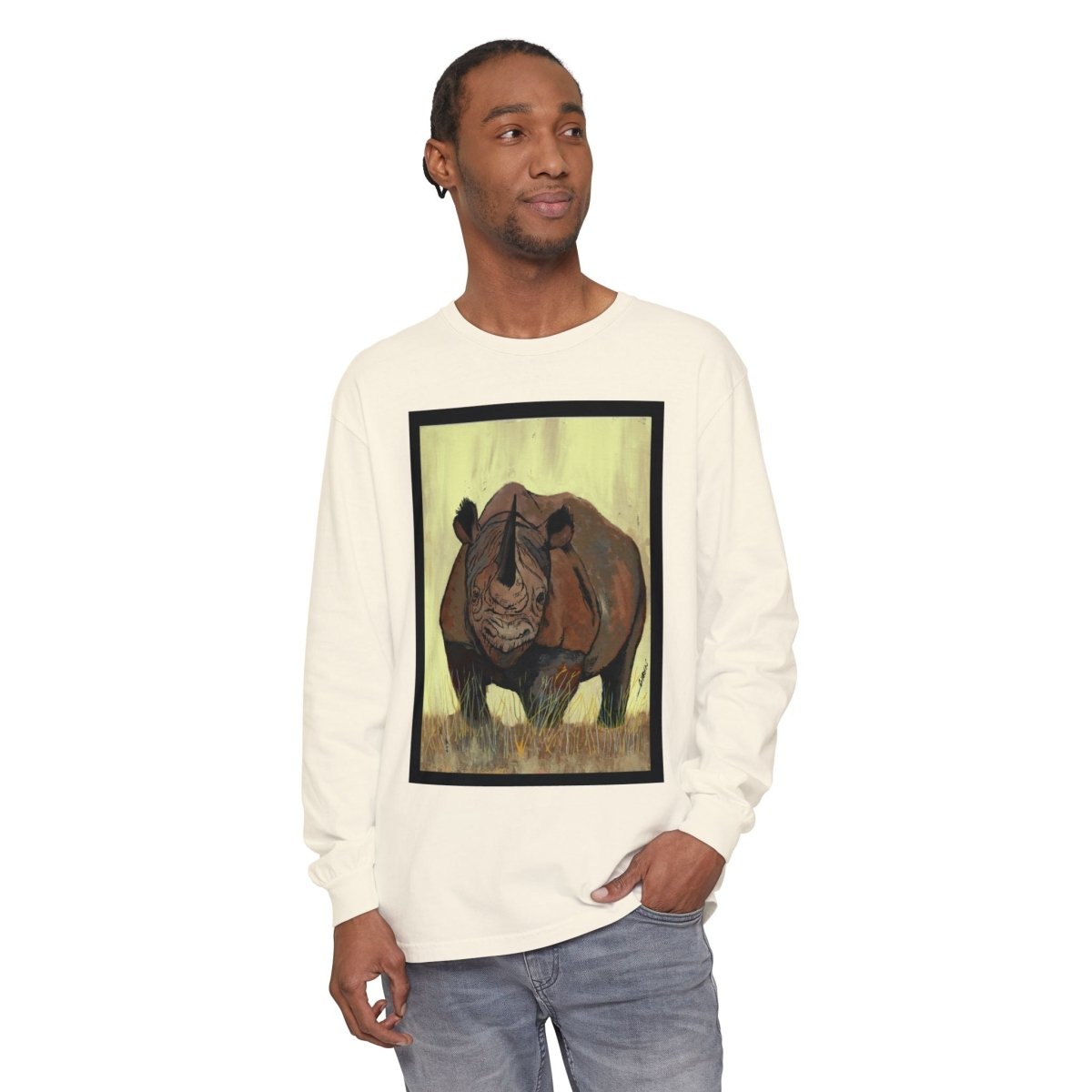 Rhino Art Long Sleeve T-Shirt - Unisex Garment - Dyed Tee for Nature Lovers - Curran Artworks
