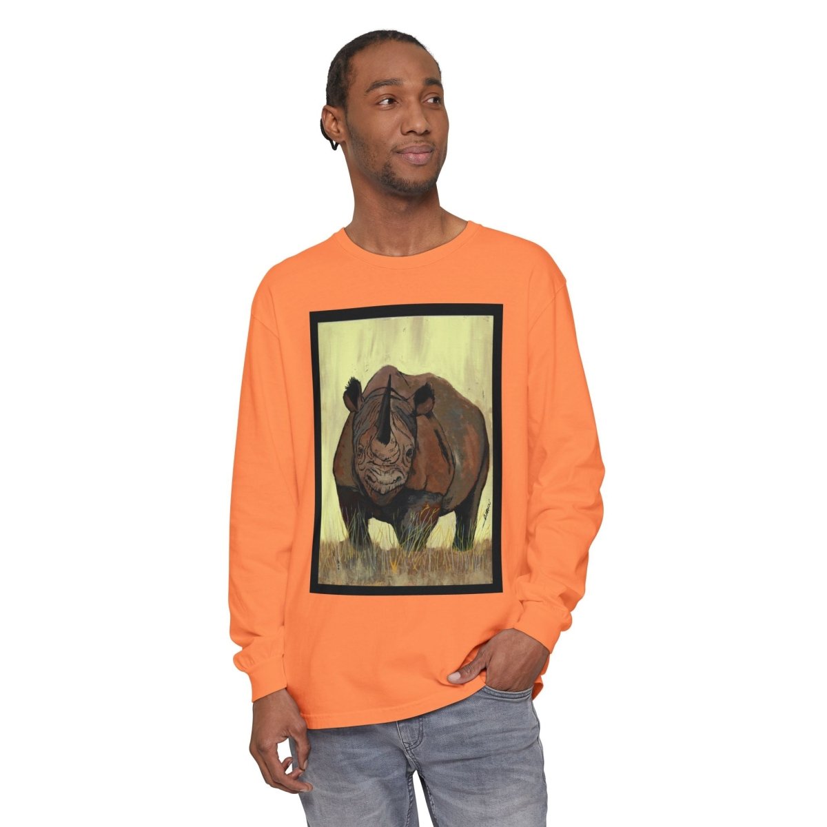 Rhino Art Long Sleeve T-Shirt - Unisex Garment - Dyed Tee for Nature Lovers - Curran Artworks