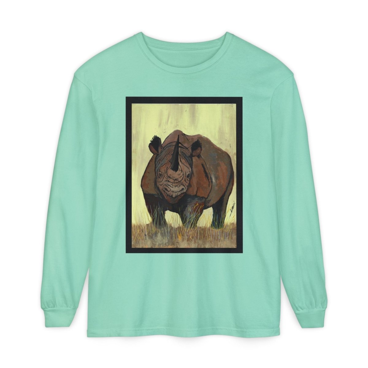 Rhino Art Long Sleeve T-Shirt - Unisex Garment - Dyed Tee for Nature Lovers - Curran Artworks