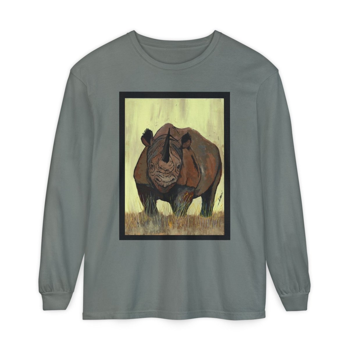 Rhino Art Long Sleeve T-Shirt - Unisex Garment - Dyed Tee for Nature Lovers - Curran Artworks