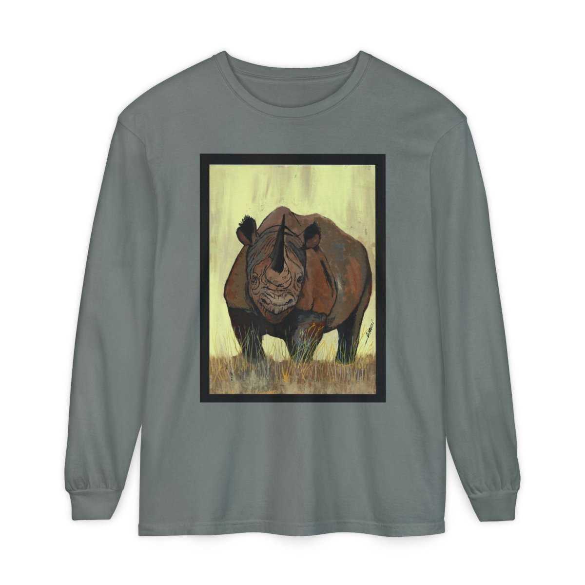 Rhino Art Long Sleeve T-Shirt - Unisex Garment - Dyed Tee for Nature Lovers - Curran Artworks