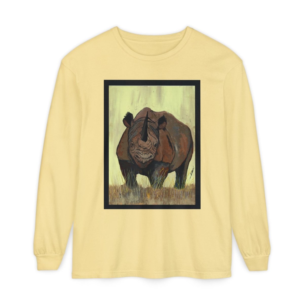 Rhino Art Long Sleeve T-Shirt - Unisex Garment - Dyed Tee for Nature Lovers - Curran Artworks