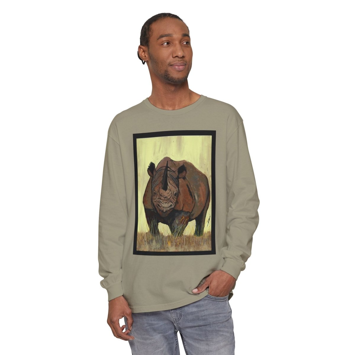 Rhino Art Long Sleeve T-Shirt - Unisex Garment - Dyed Tee for Nature Lovers - Curran Artworks