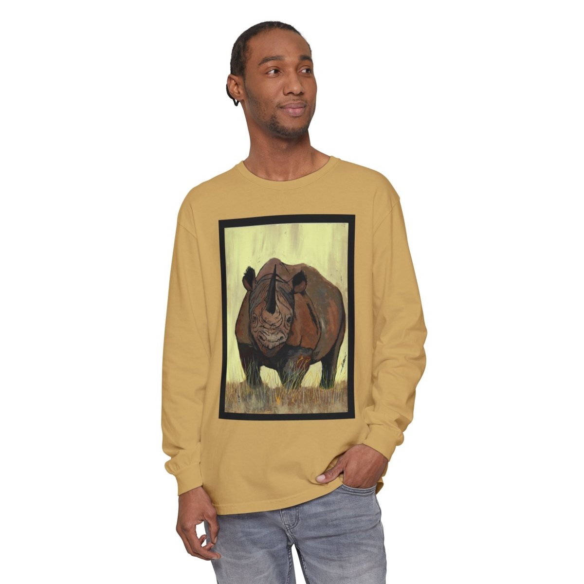 Rhino Art Long Sleeve T-Shirt - Unisex Garment - Dyed Tee for Nature Lovers - Curran Artworks