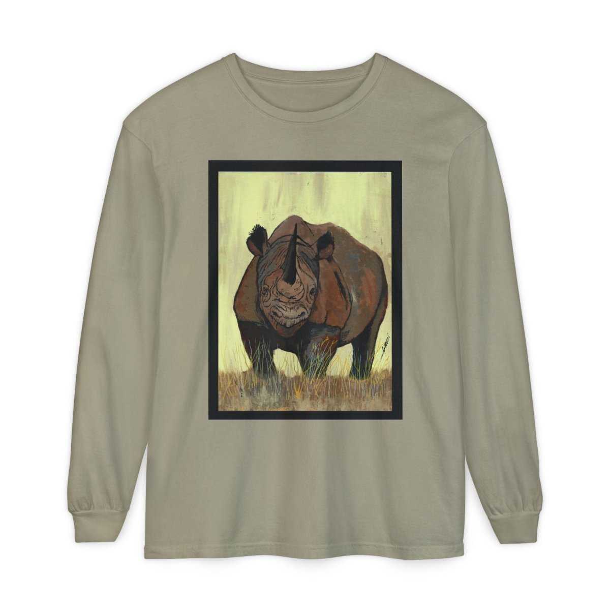 Rhino Art Long Sleeve T-Shirt - Unisex Garment - Dyed Tee for Nature Lovers - Curran Artworks