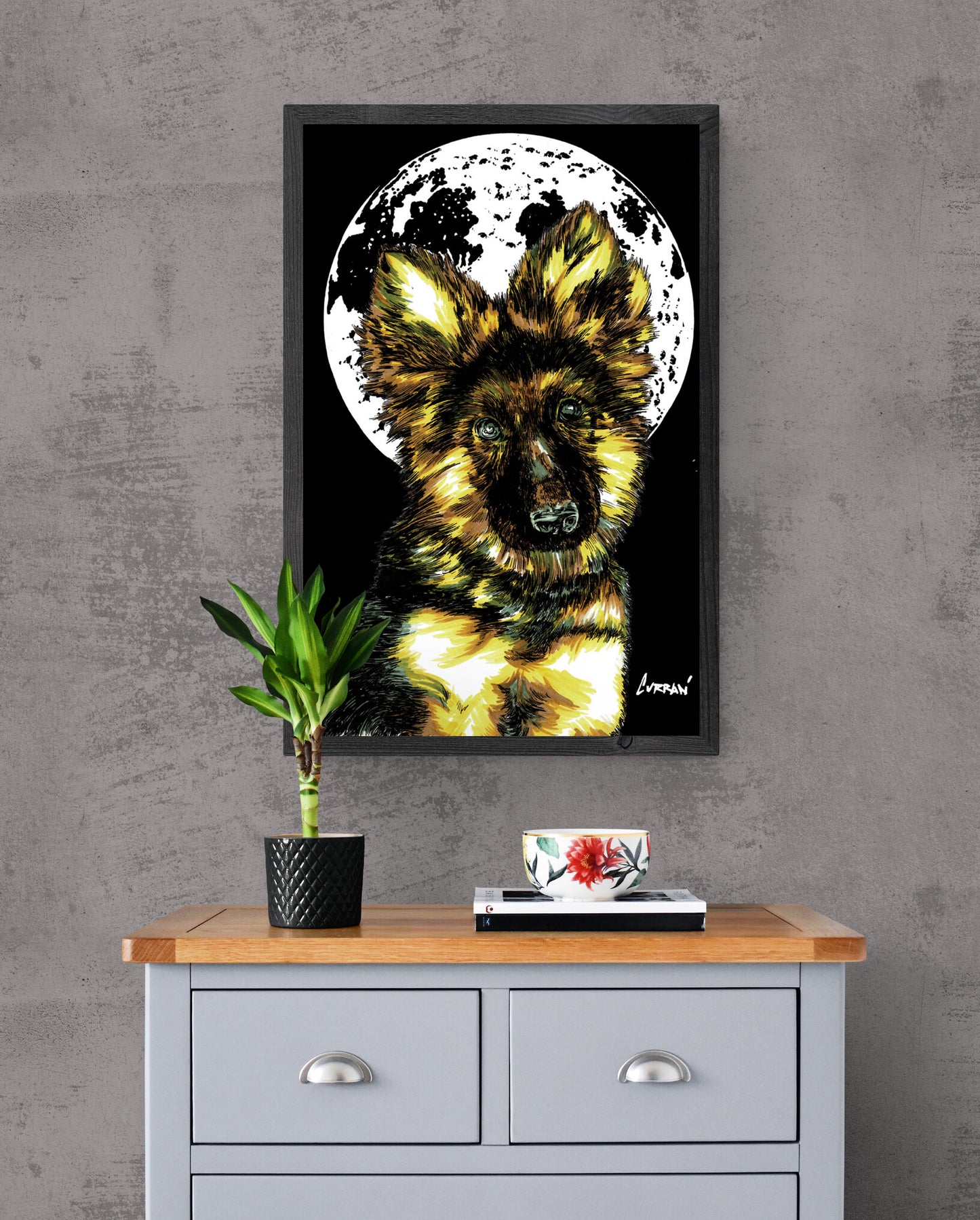 German Sheppard Puppy Hand Drawn Wall Art Poster