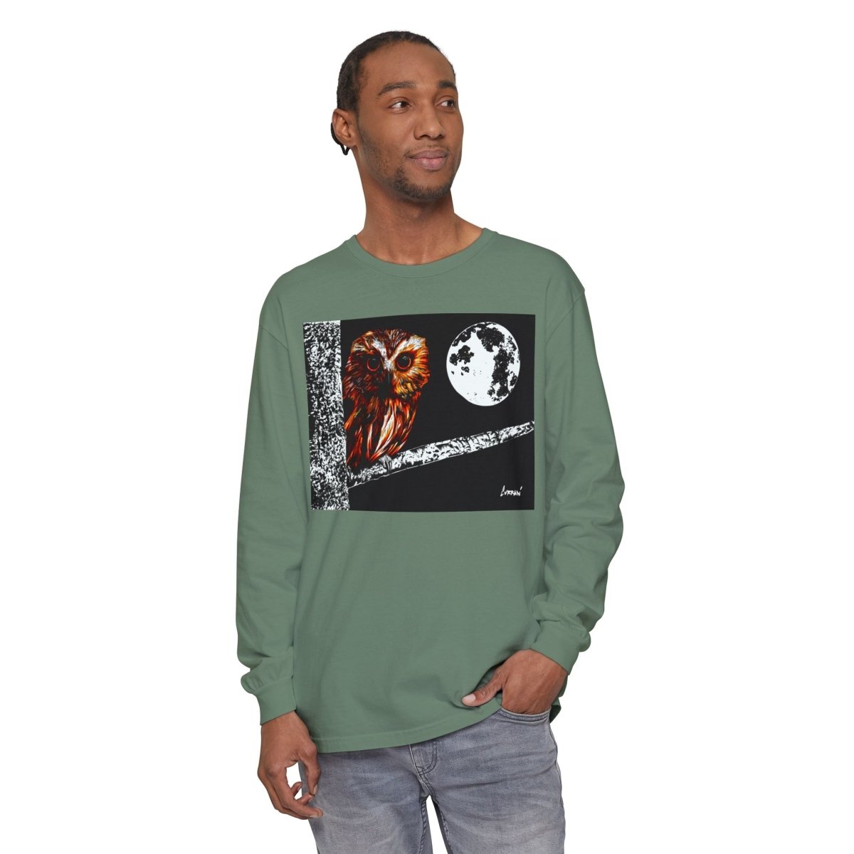 Unisex Owl Moon Long Sleeve T-Shirt - Nature Lover Gift - Curran Artworks