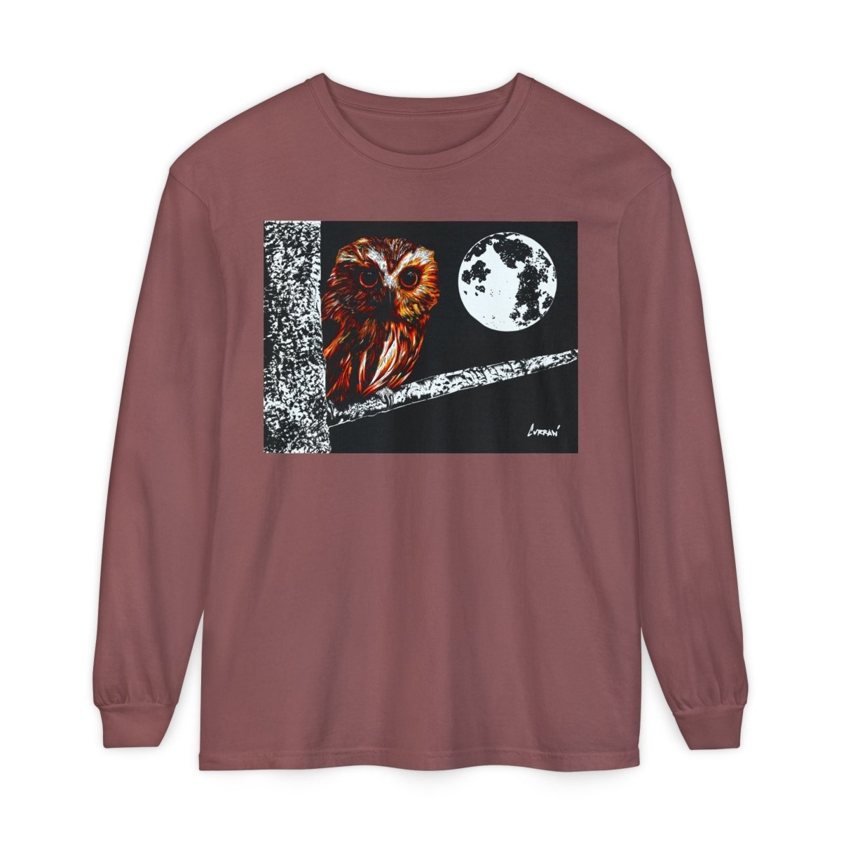 Unisex Owl Moon Long Sleeve T-Shirt - Nature Lover Gift - Curran Artworks