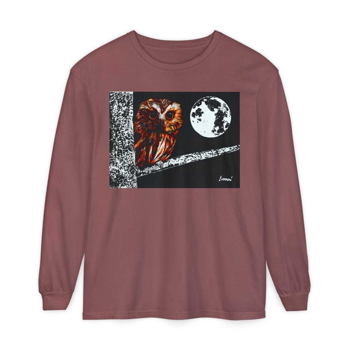 Unisex Owl Moon Long Sleeve T-Shirt - Nature Lover Gift - Curran Artworks