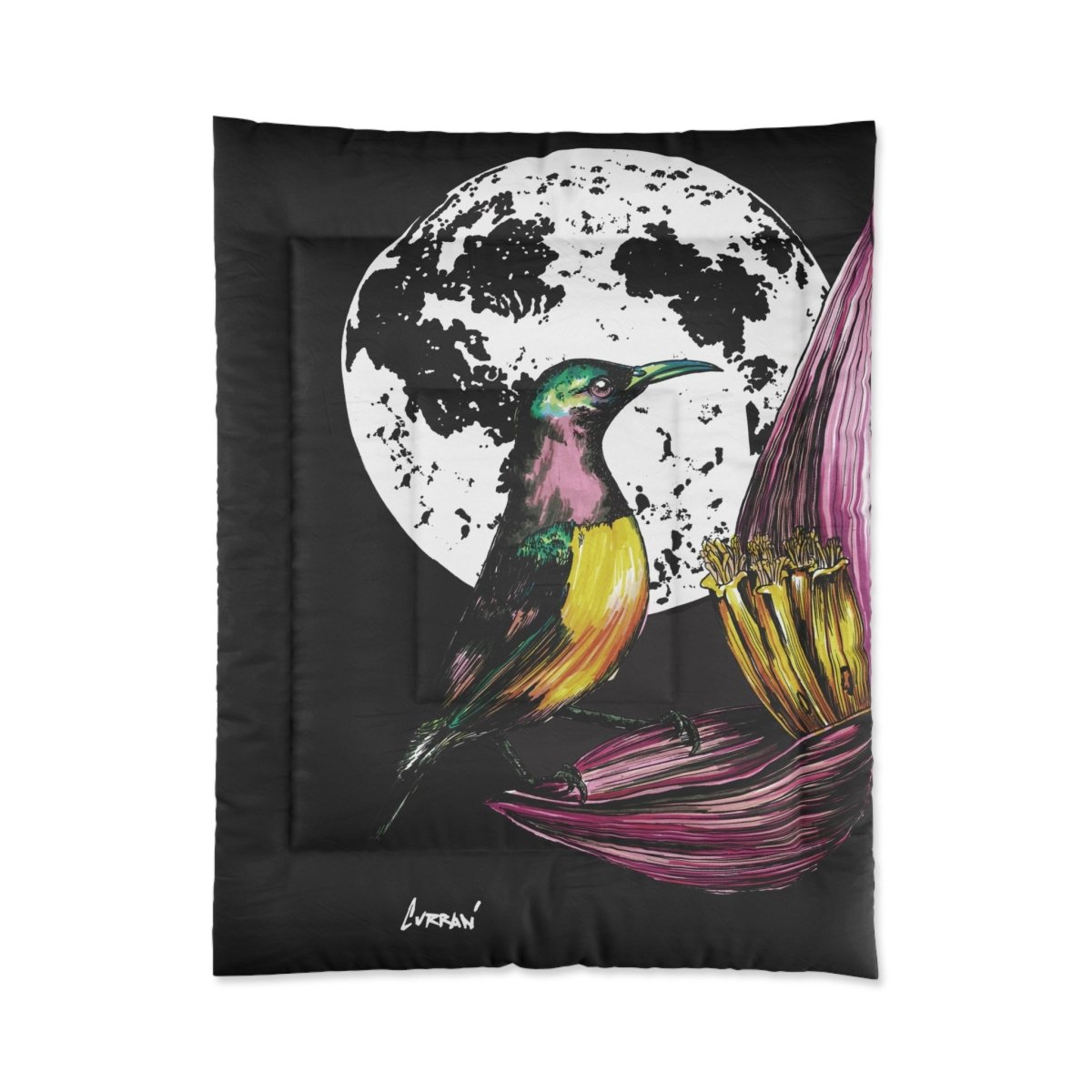 Vibrant Bird and Moon Comforter - Colorful Bedding for Nature Lovers - Curran Artworks