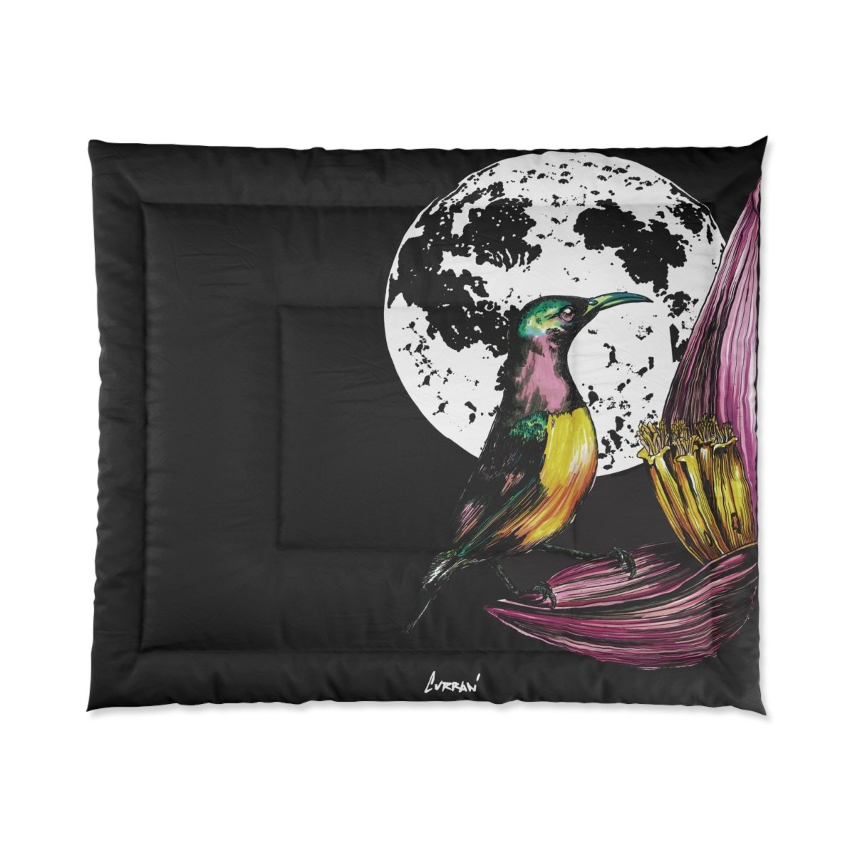 Vibrant Bird and Moon Comforter - Colorful Bedding for Nature Lovers - Curran Artworks