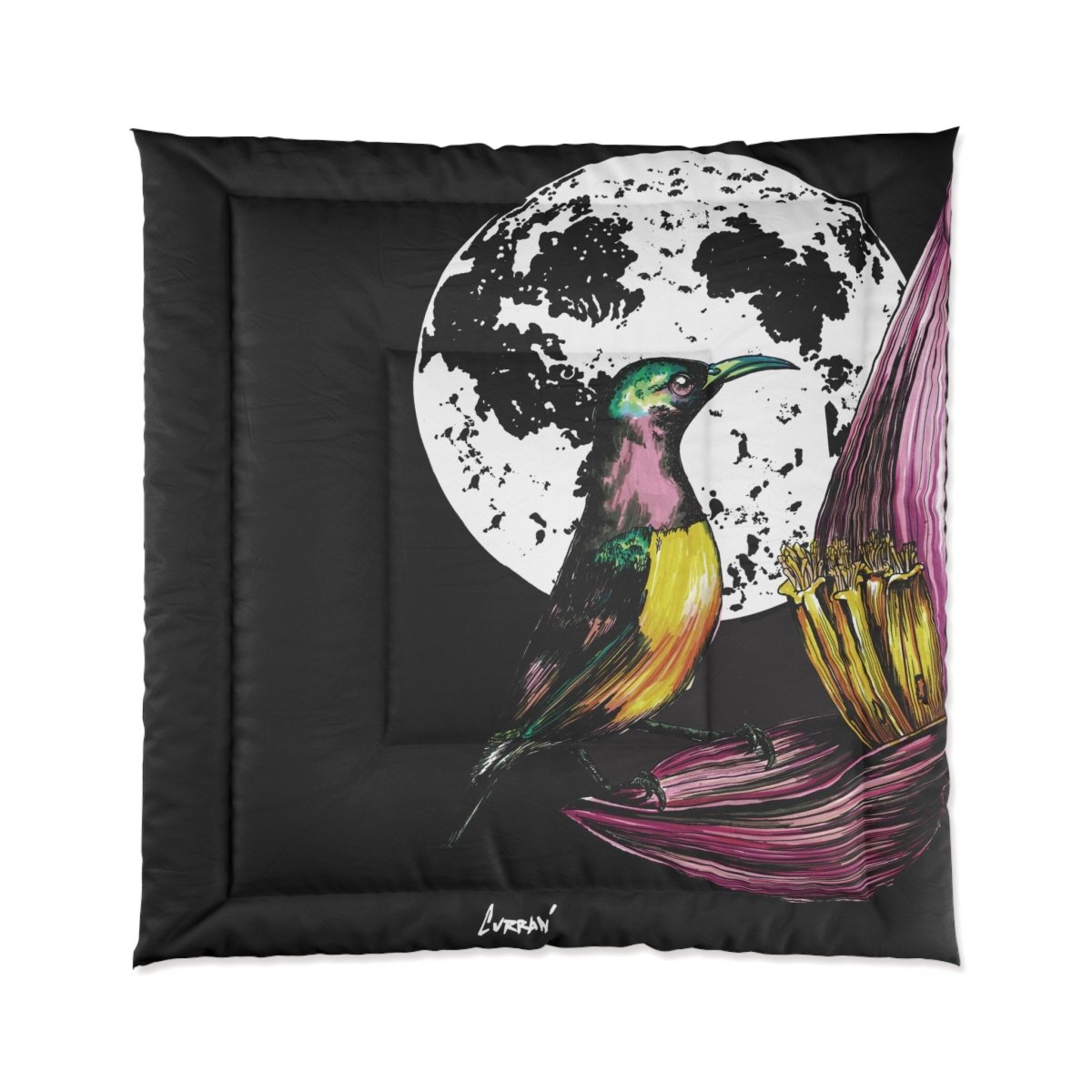 Vibrant Bird and Moon Comforter - Colorful Bedding for Nature Lovers - Curran Artworks
