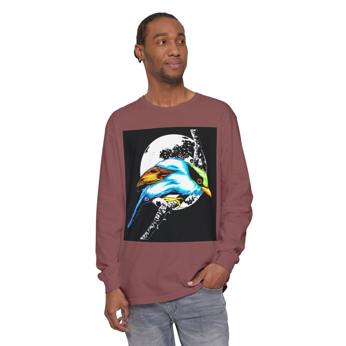 Vibrant Exotic colorful Bird Graphic Long Sleeve T-Shirt - Unisex Nature Apparel - Curran Artworks