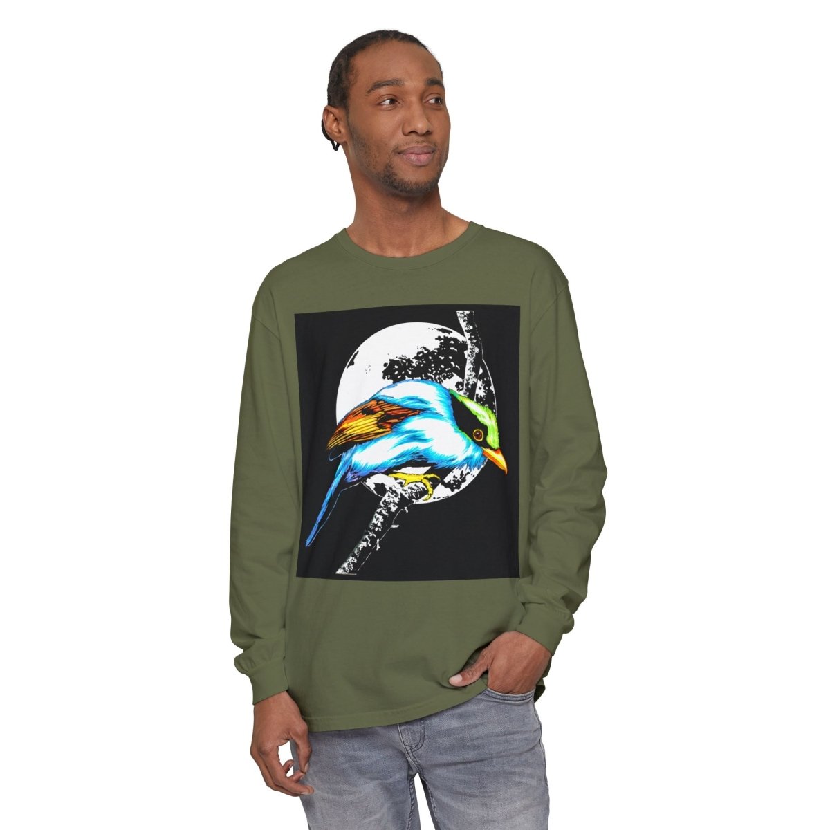 Vibrant Exotic colorful Bird Graphic Long Sleeve T-Shirt - Unisex Nature Apparel - Curran Artworks