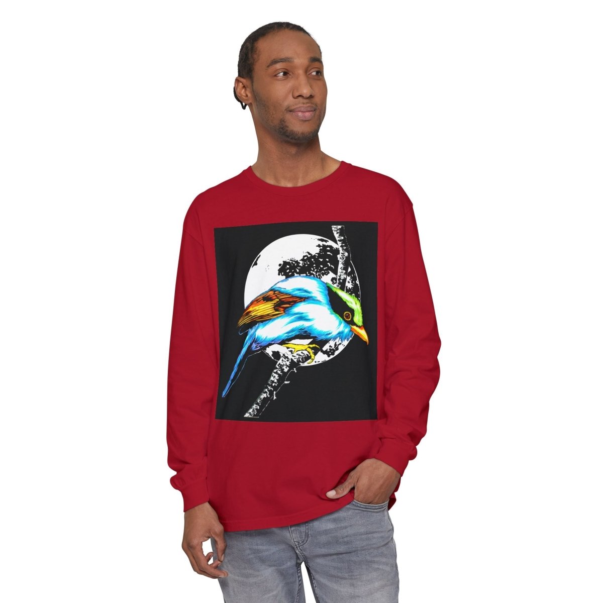 Vibrant Exotic colorful Bird Graphic Long Sleeve T-Shirt - Unisex Nature Apparel - Curran Artworks
