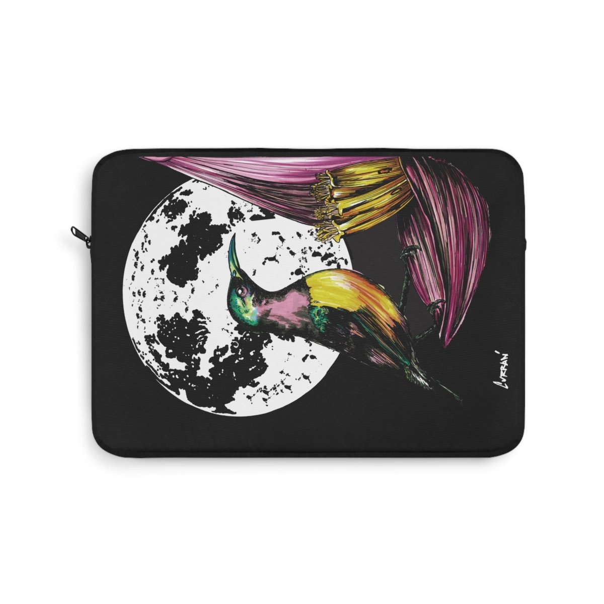 Vibrant Hummingbird Laptop Sleeve - Artistic Hand Drawn Art Design with Moon - Curran Artworks