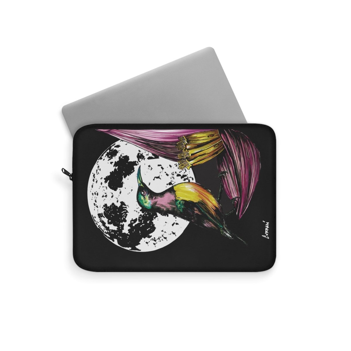 Vibrant Hummingbird Laptop Sleeve - Artistic Hand Drawn Art Design with Moon - Curran Artworks
