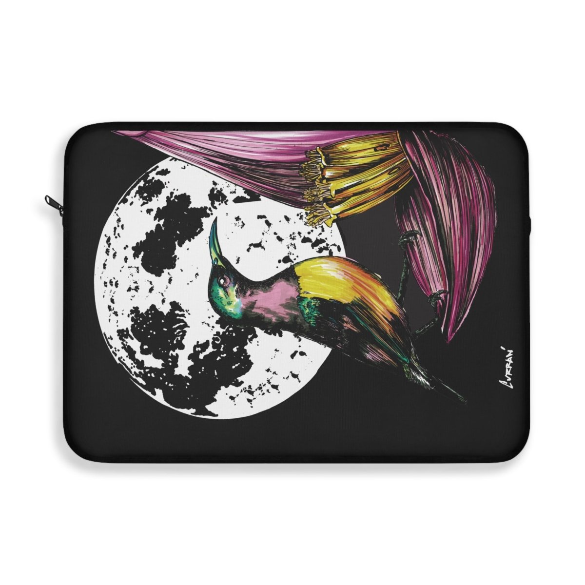 Vibrant Hummingbird Laptop Sleeve - Artistic Hand Drawn Art Design with Moon - Curran Artworks