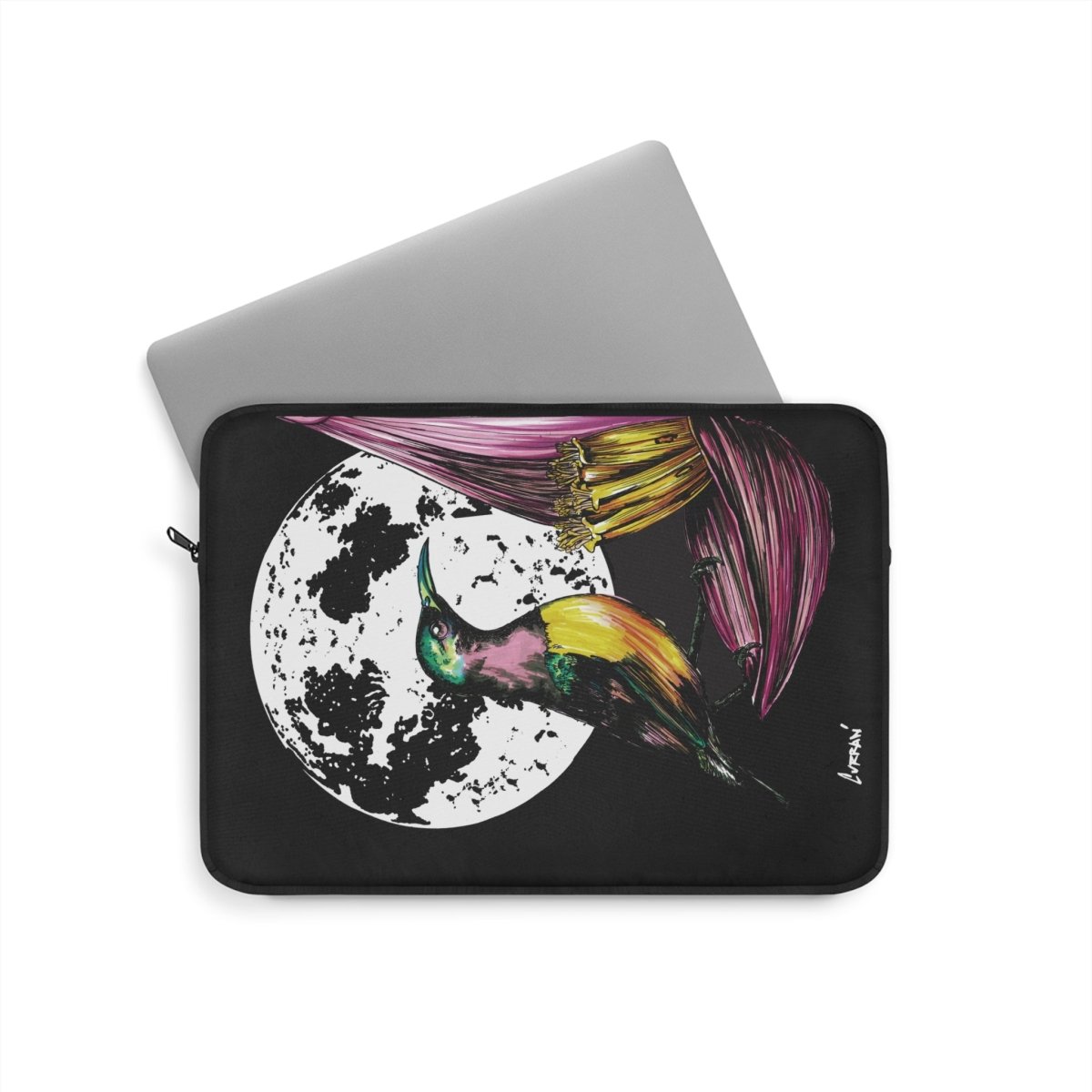 Vibrant Hummingbird Laptop Sleeve - Artistic Hand Drawn Art Design with Moon - Curran Artworks