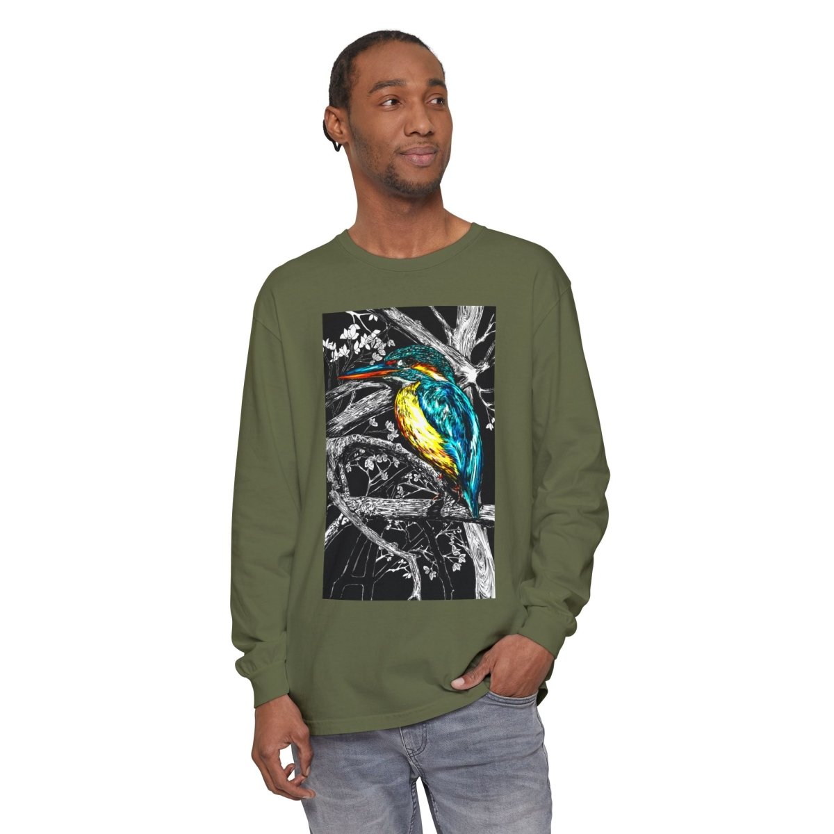 Vibrant Kingfisher Long Sleeve T-Shirt - Unisex Garment - Dyed - Curran Artworks
