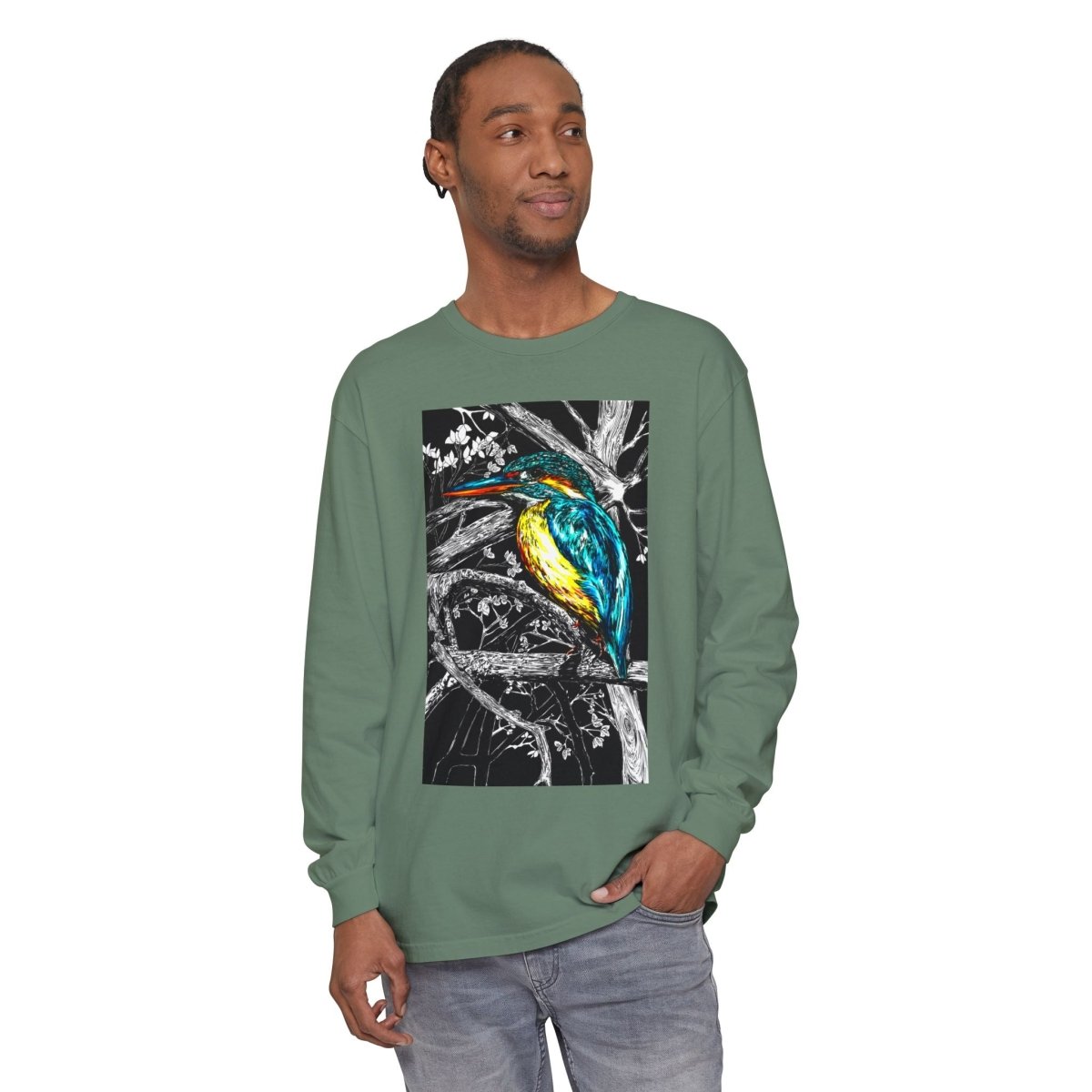 Vibrant Kingfisher Long Sleeve T-Shirt - Unisex Garment - Dyed - Curran Artworks