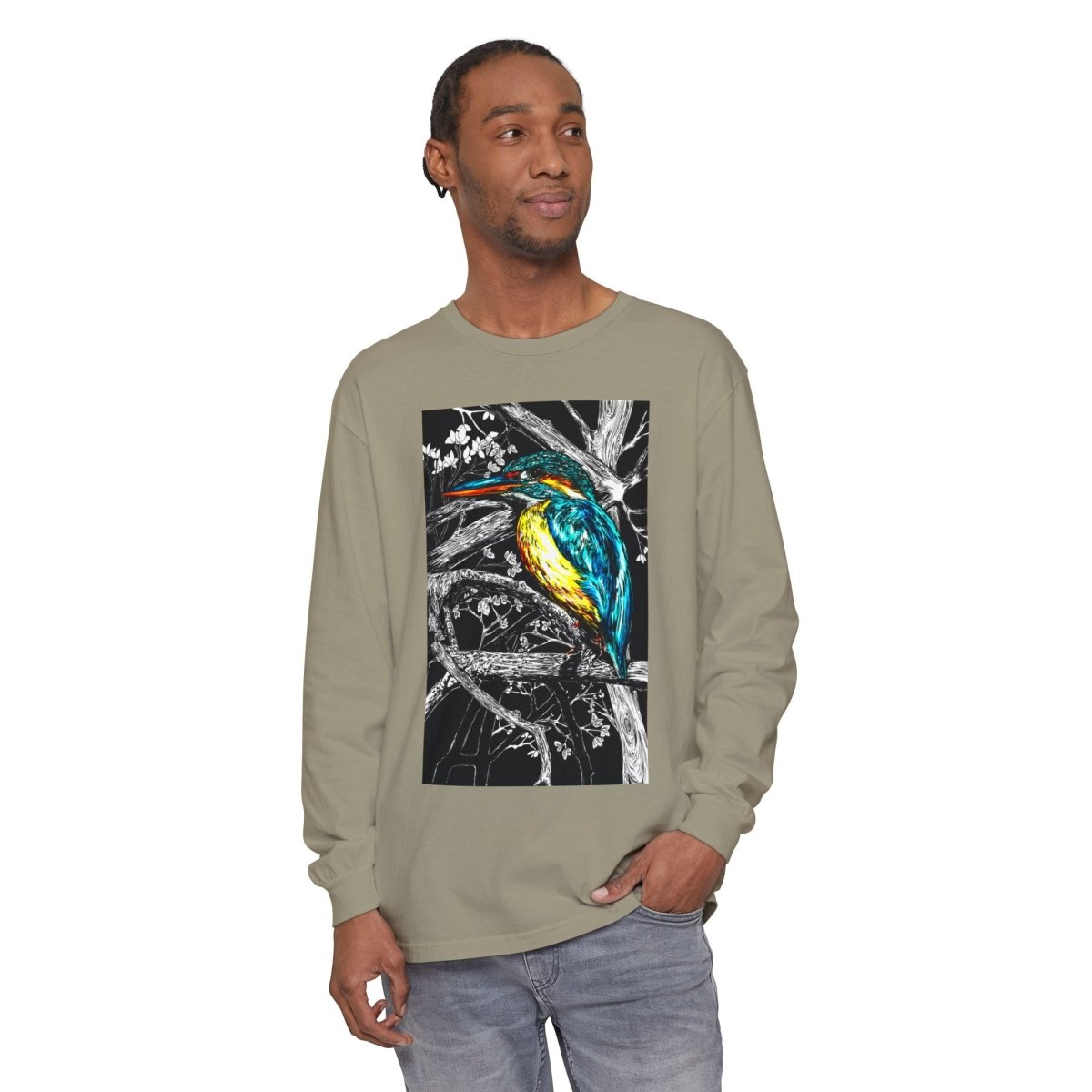 Vibrant Kingfisher Long Sleeve T-Shirt - Unisex Garment - Dyed - Curran Artworks