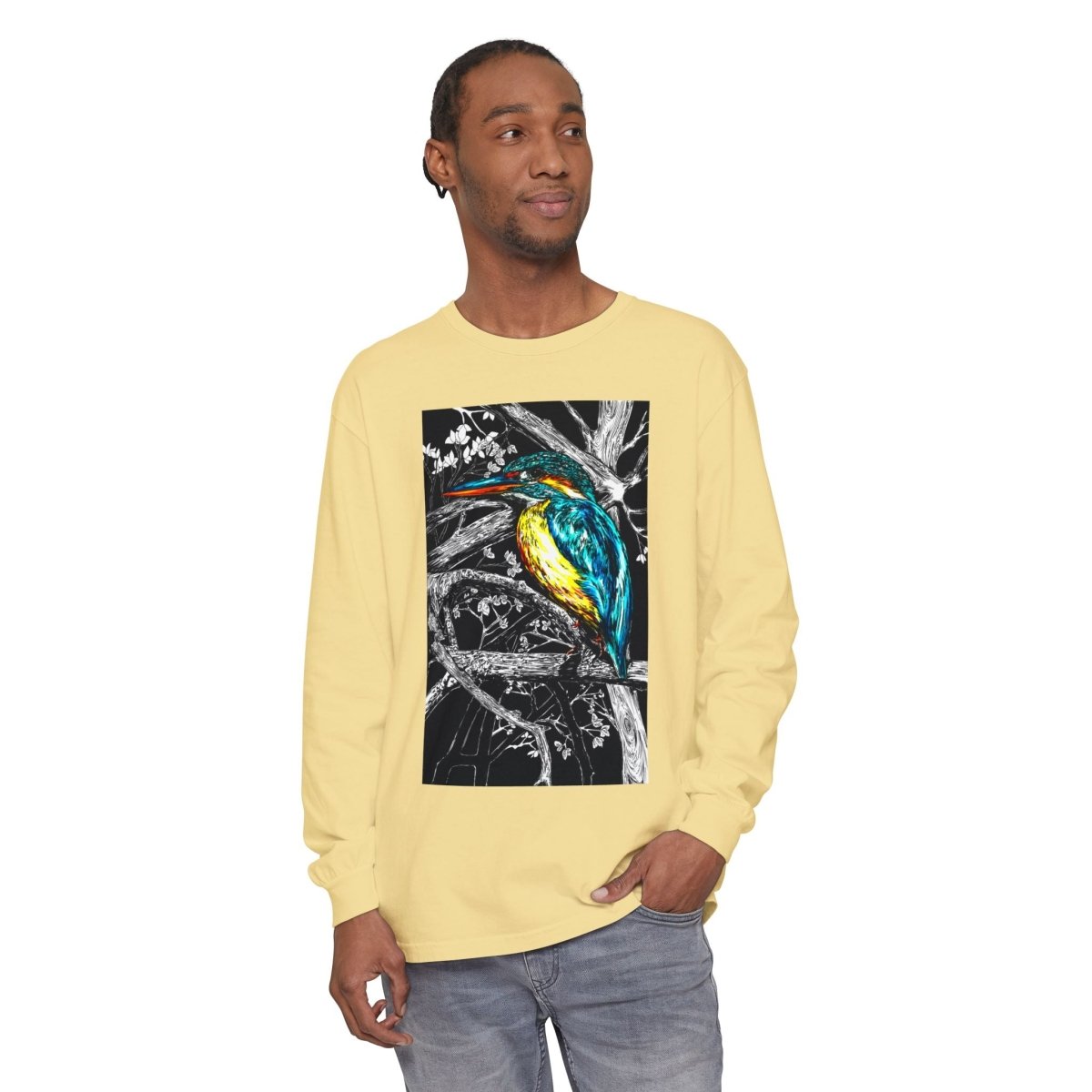 Vibrant Kingfisher Long Sleeve T-Shirt - Unisex Garment - Dyed - Curran Artworks
