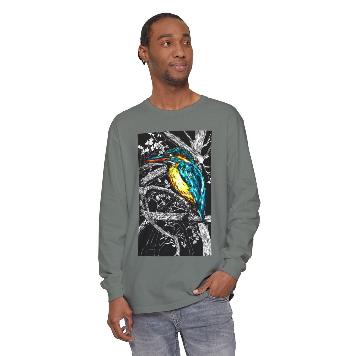 Vibrant Kingfisher Long Sleeve T-Shirt - Unisex Garment - Dyed - Curran Artworks